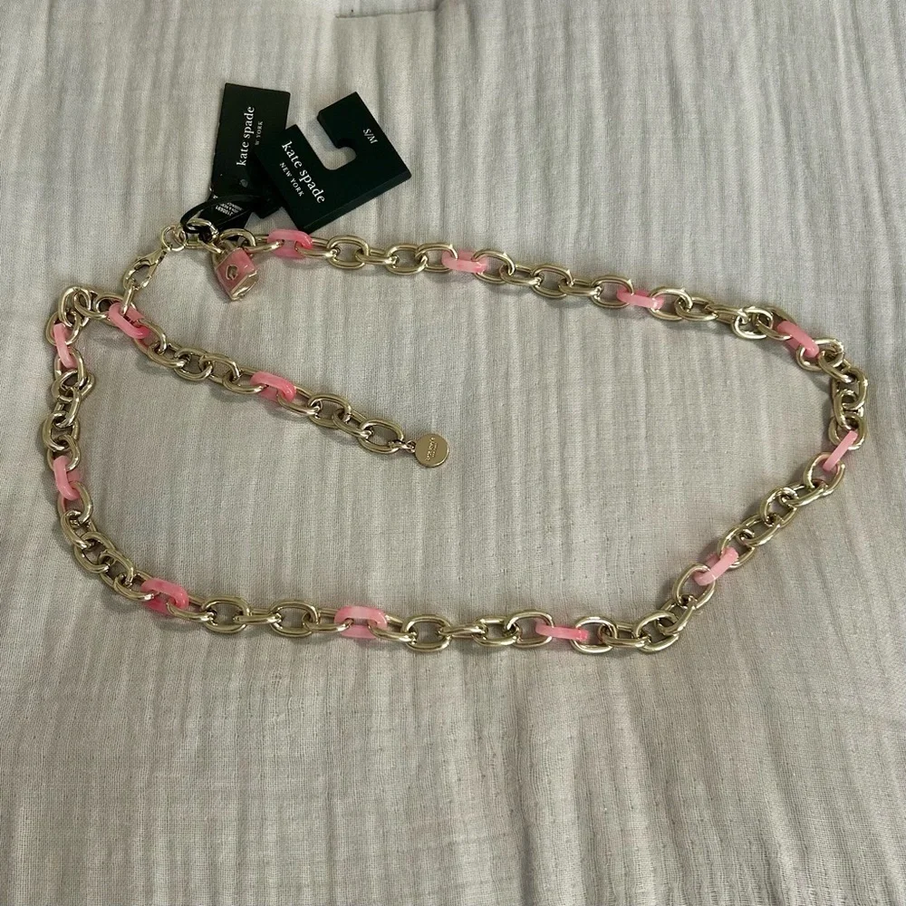 NWT Authentic Kate Spade Iron Gold and Resin Pink Chain Belt Sz S/M